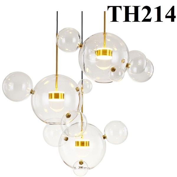 Đèn thả thủy tinh TH214, thân mạ đồng  6 chao thủy tinh trắng trong, tích hợp led ánh sáng vàng, KT(mm):